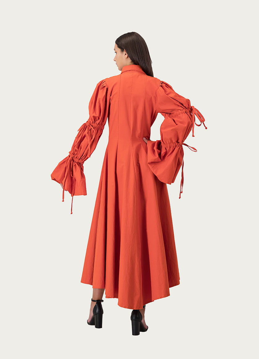 Gathered Sleeve Flared Dress Orange