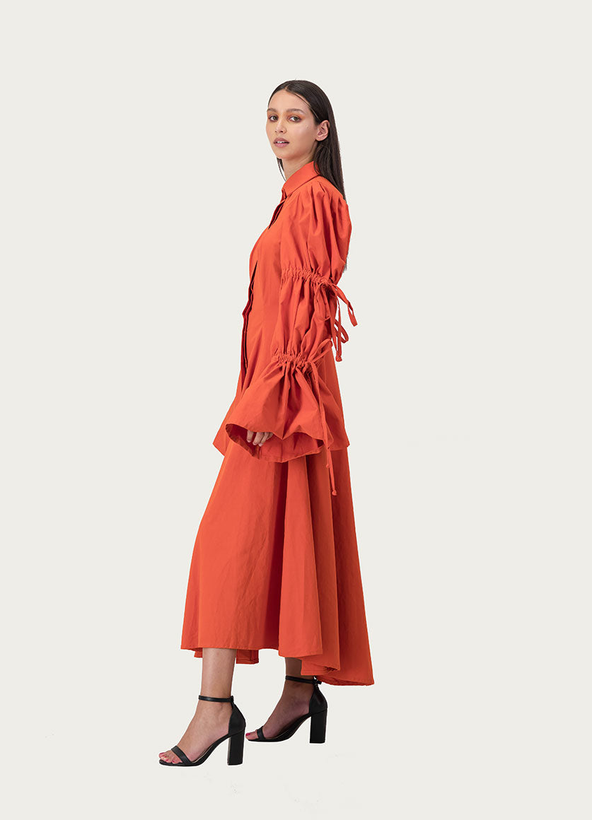 Gathered Sleeve Flared Dress Orange
