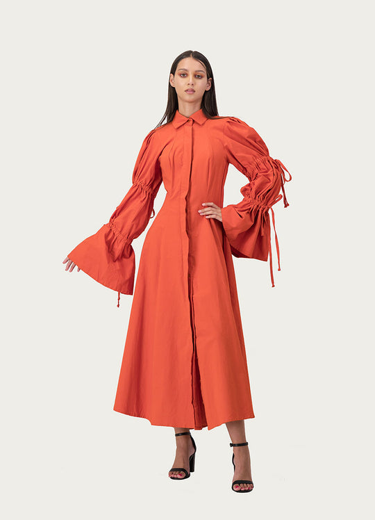 Gathered Slv Flared Dress Orange