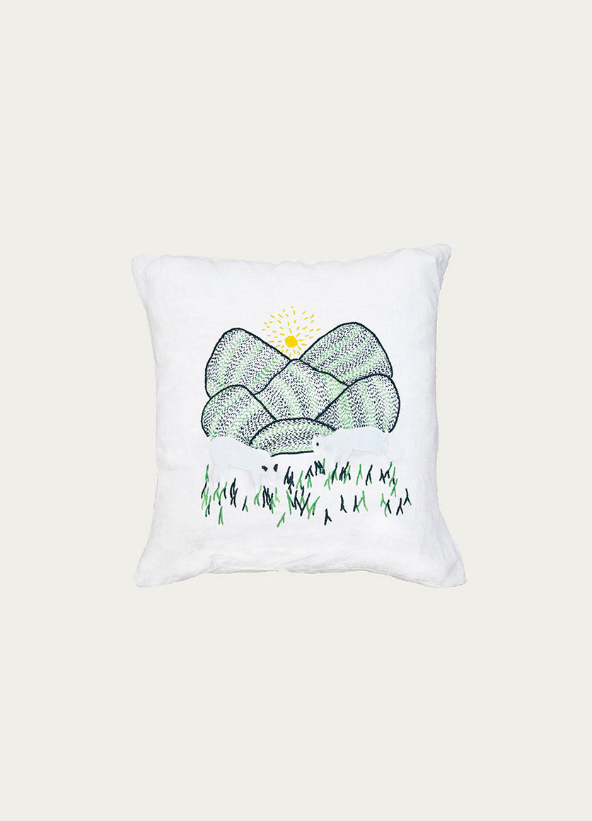Beige Embroidered Linen Pillow Sheep