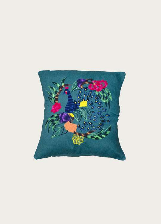 Green Emb Linen Pillow Peacock