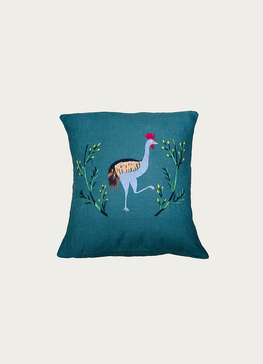 Green Emb Linen Pillow Crane