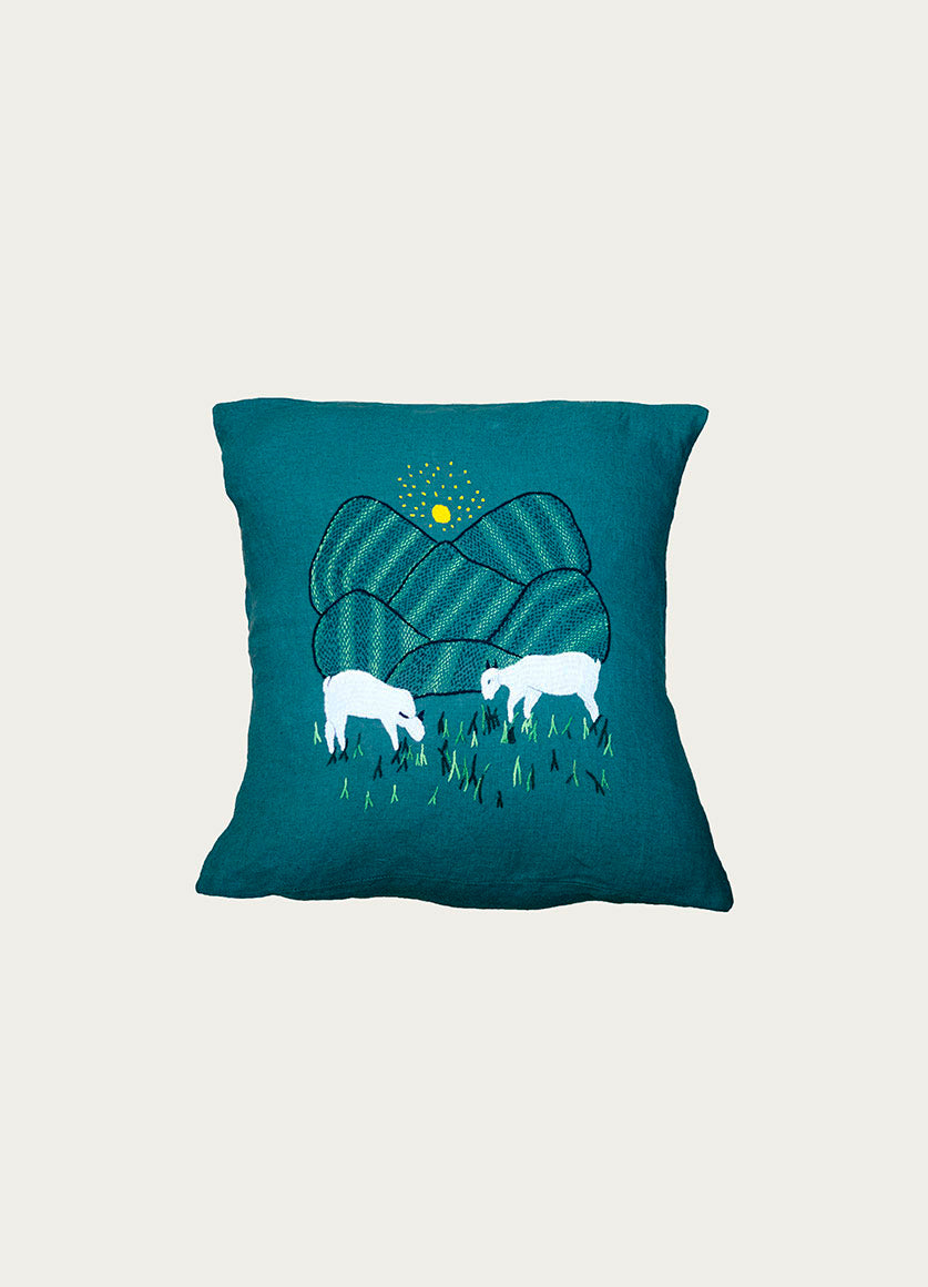 Green Embroidered Linen Pillow Sheep