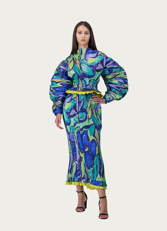 Wild Bloom Plisse Skirt Blue Print